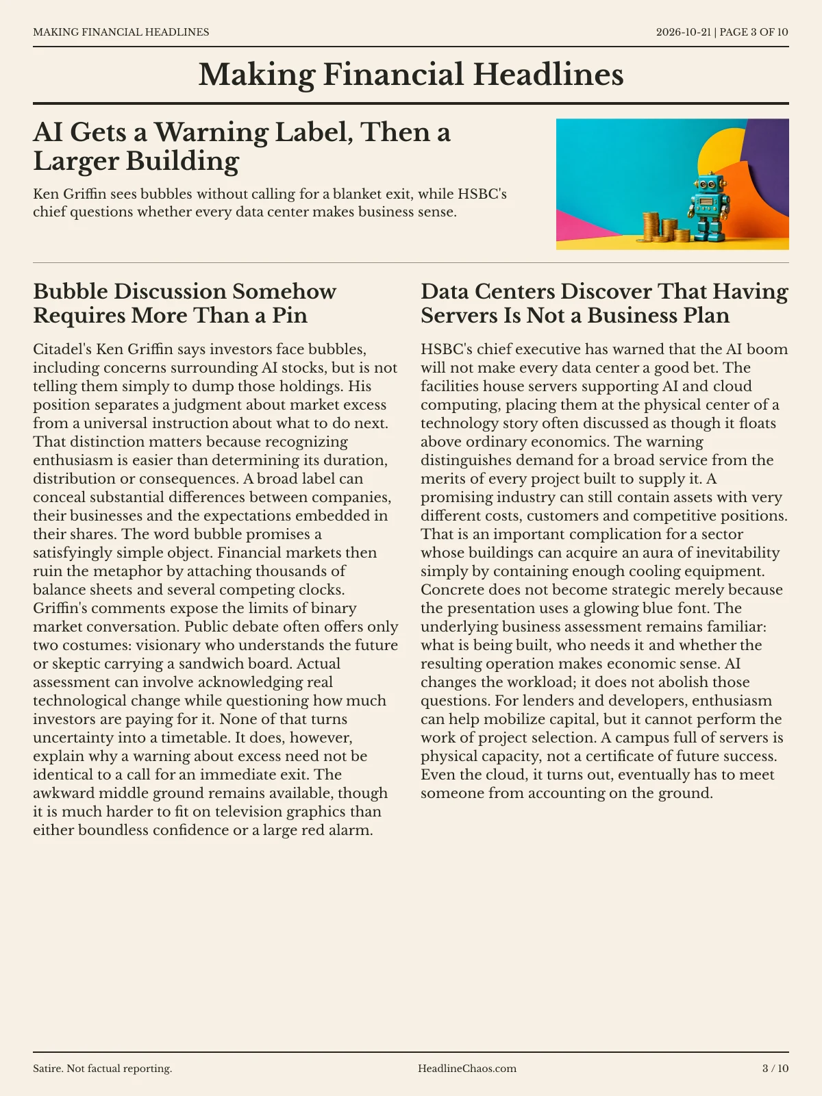 Making Financial Headlines newspaper, page 3: AI Gets a Warning Label, Then a Larger Building