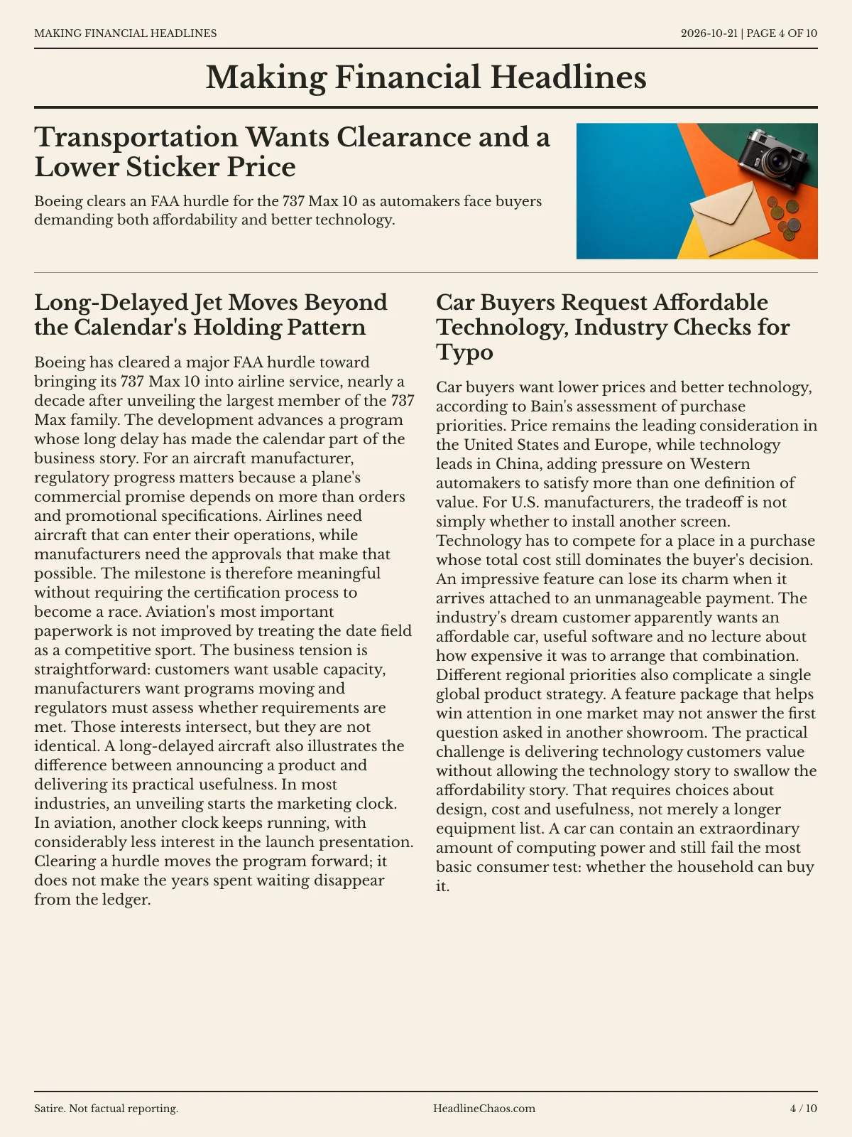 Making Financial Headlines newspaper, page 4: Transportation Wants Clearance and a Lower Sticker Price