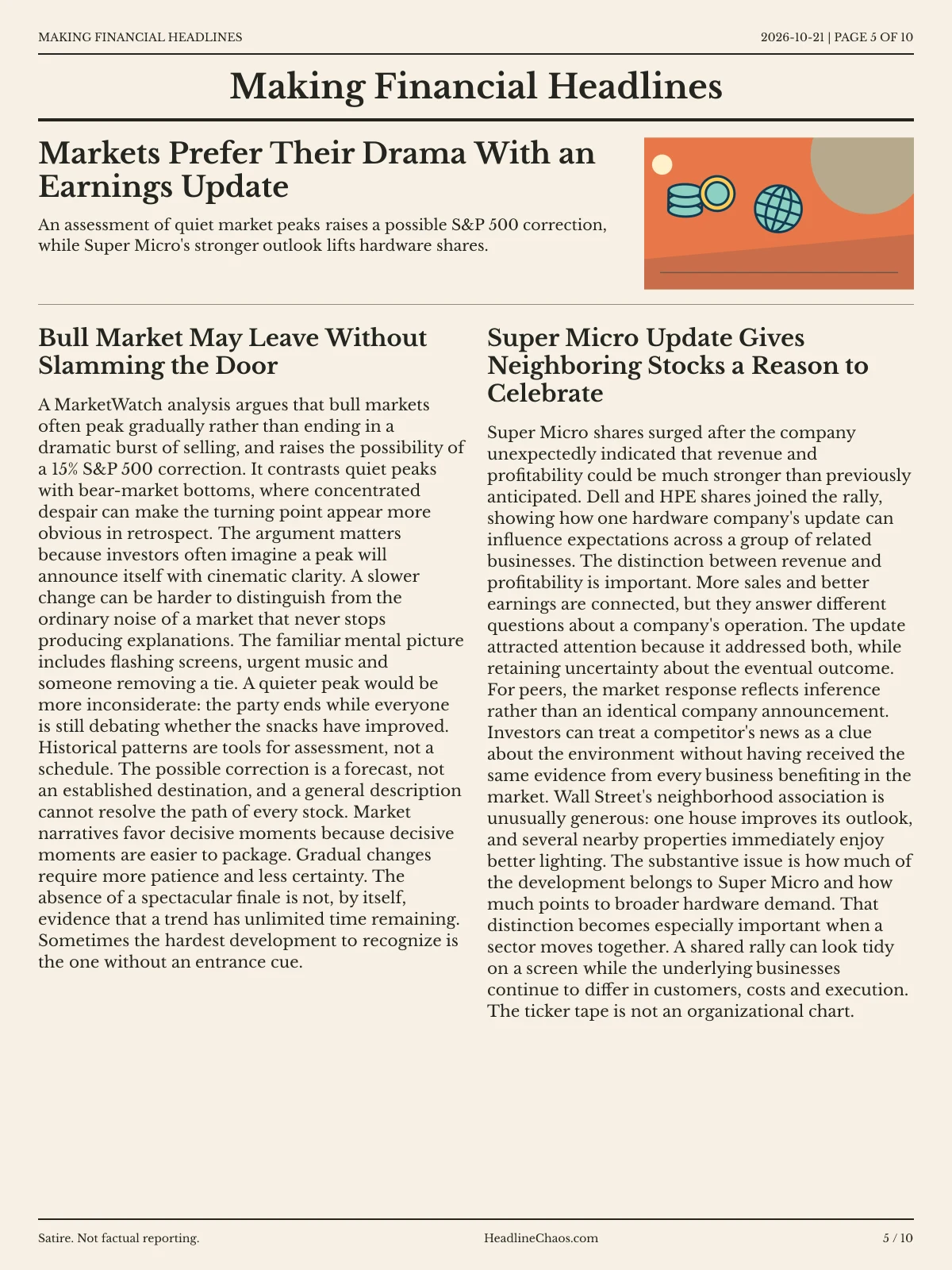 Making Financial Headlines newspaper, page 5: Markets Prefer Their Drama With an Earnings Update