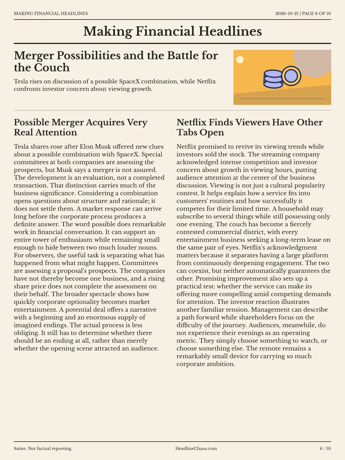 Making Financial Headlines newspaper, page 6: Merger Possibilities and the Battle for the Couch