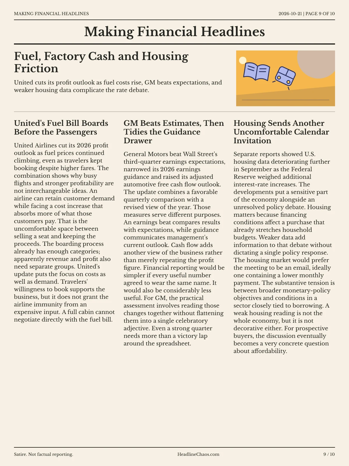 Making Financial Headlines newspaper, page 9: Fuel, Factory Cash and Housing Friction