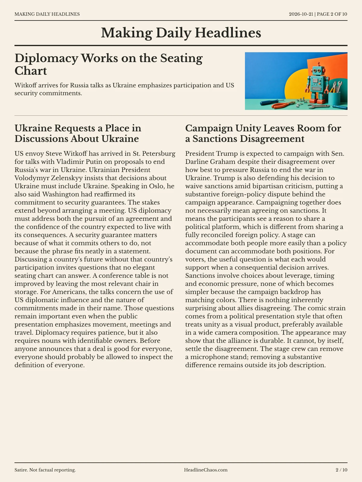 Making Daily Headlines newspaper, page 2: Diplomacy Works on the Seating Chart