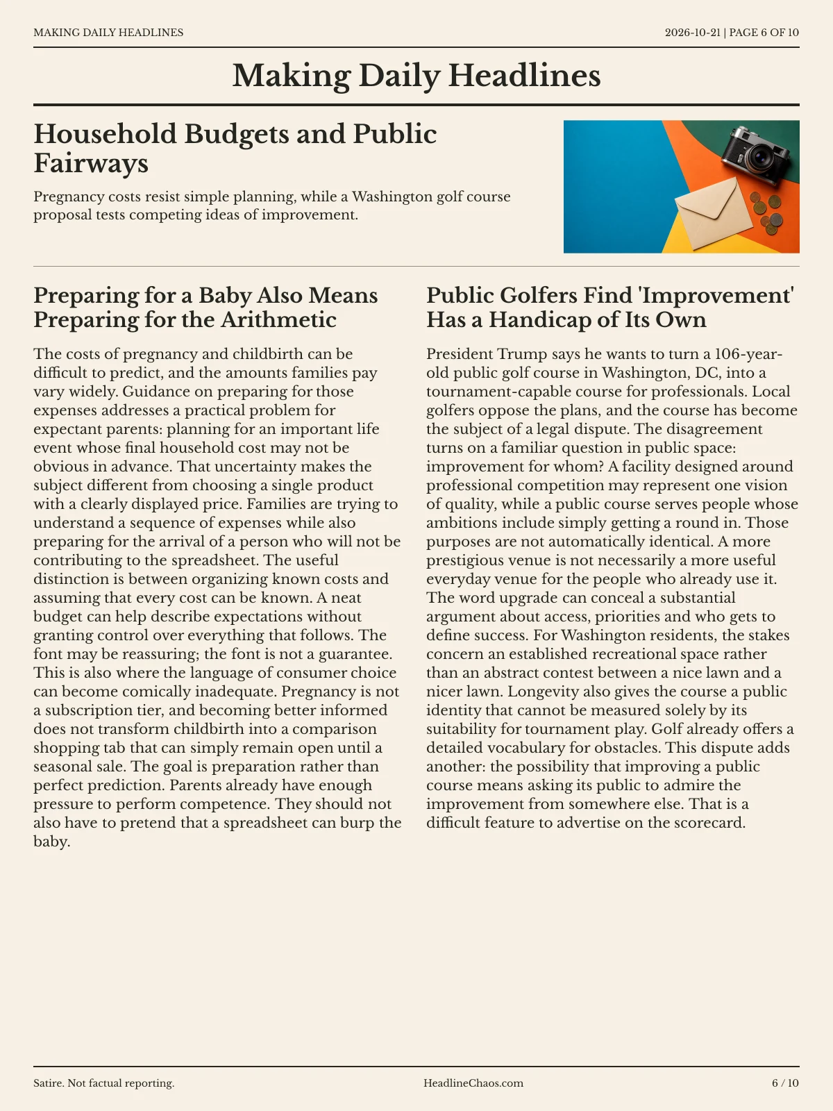 Making Daily Headlines newspaper, page 6: Household Budgets and Public Fairways