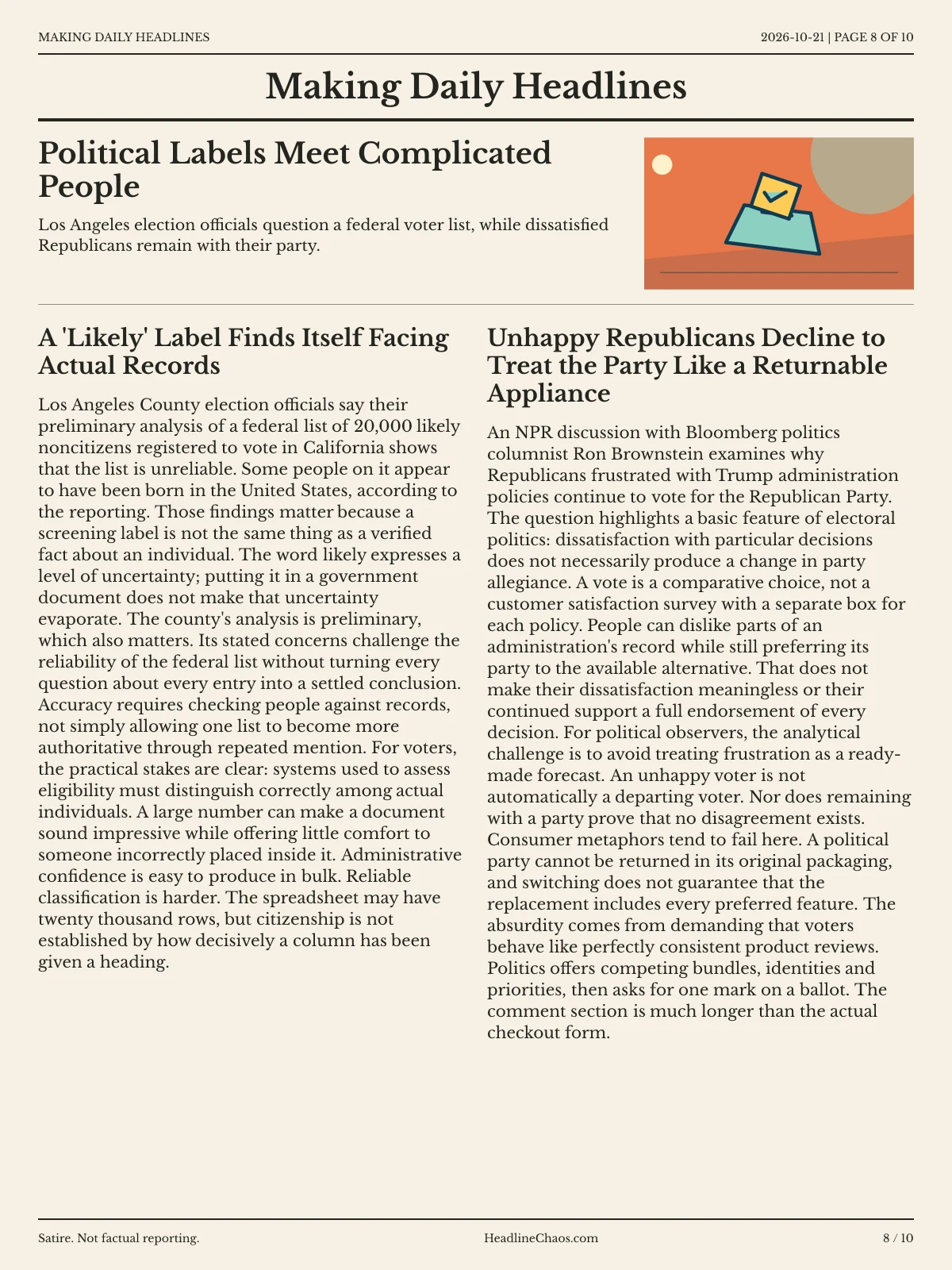 Making Daily Headlines newspaper, page 8: Political Labels Meet Complicated People