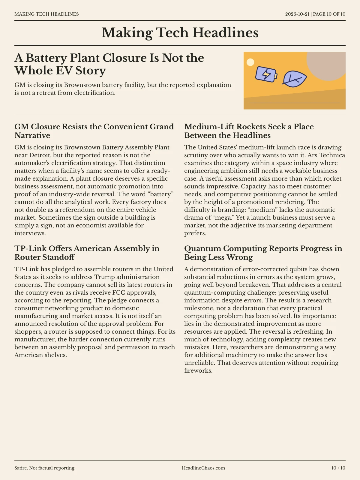 Making Tech Headlines newspaper, page 10: A Battery Plant Closure Is Not the Whole EV Story