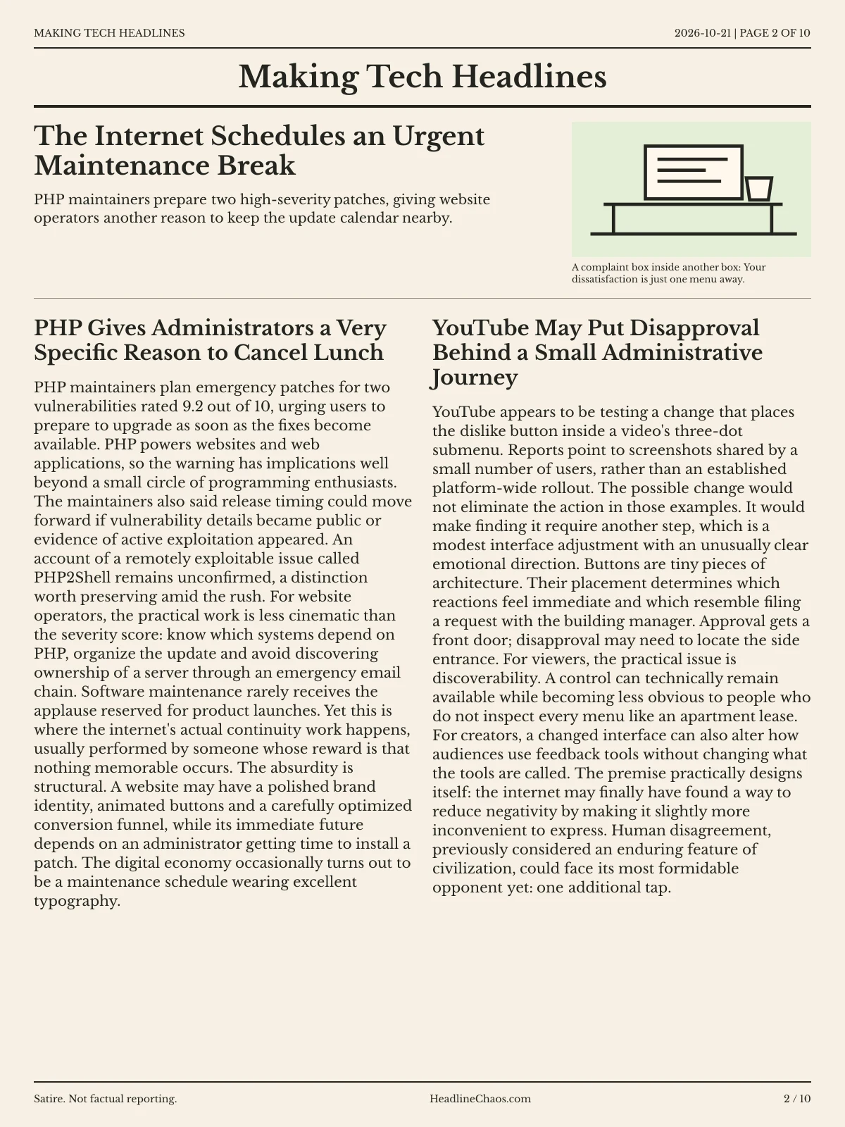 Making Tech Headlines newspaper, page 2: The Internet Schedules an Urgent Maintenance Break