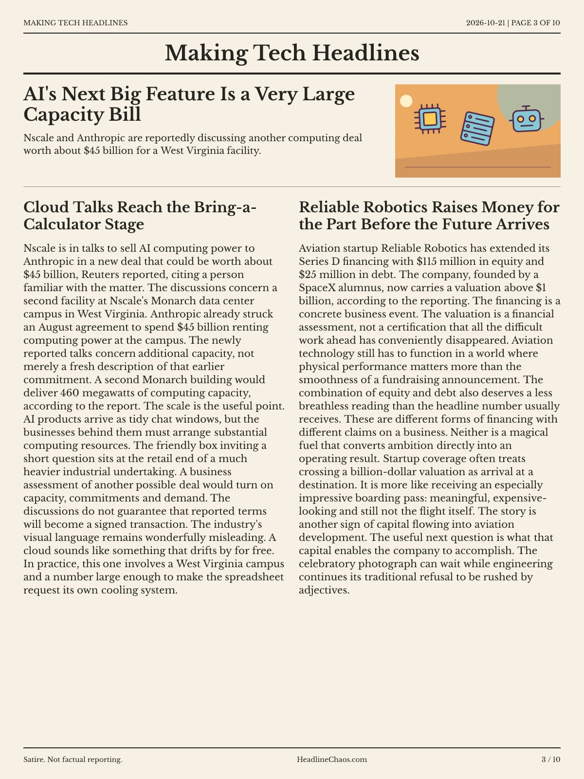 Making Tech Headlines newspaper, page 3: AI's Next Big Feature Is a Very Large Capacity Bill