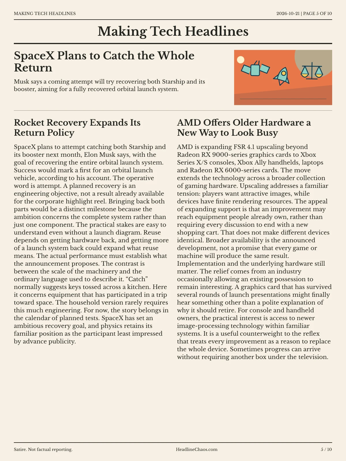 Making Tech Headlines newspaper, page 5: SpaceX Plans to Catch the Whole Return