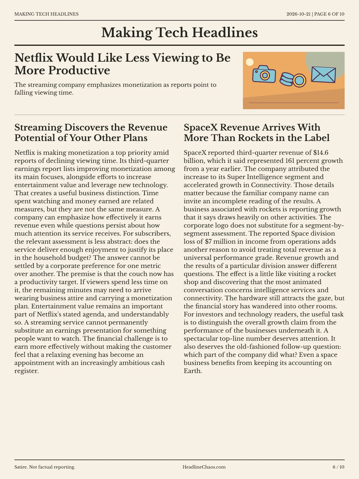 Making Tech Headlines newspaper, page 6: Netflix Would Like Less Viewing to Be More Productive